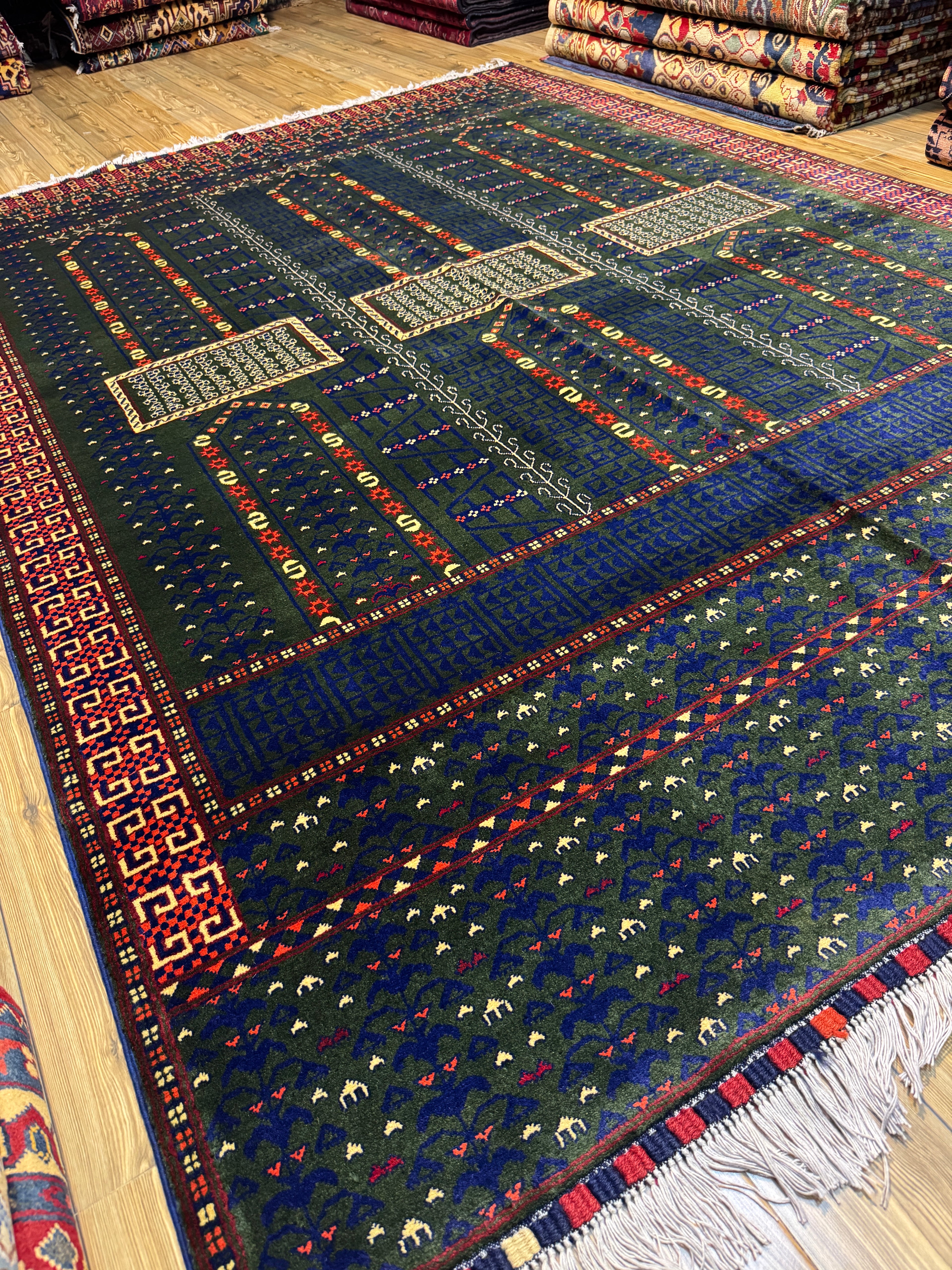 Afghan Turkoman – Forest Green Six-Mihrab "Saf" Prayer Design