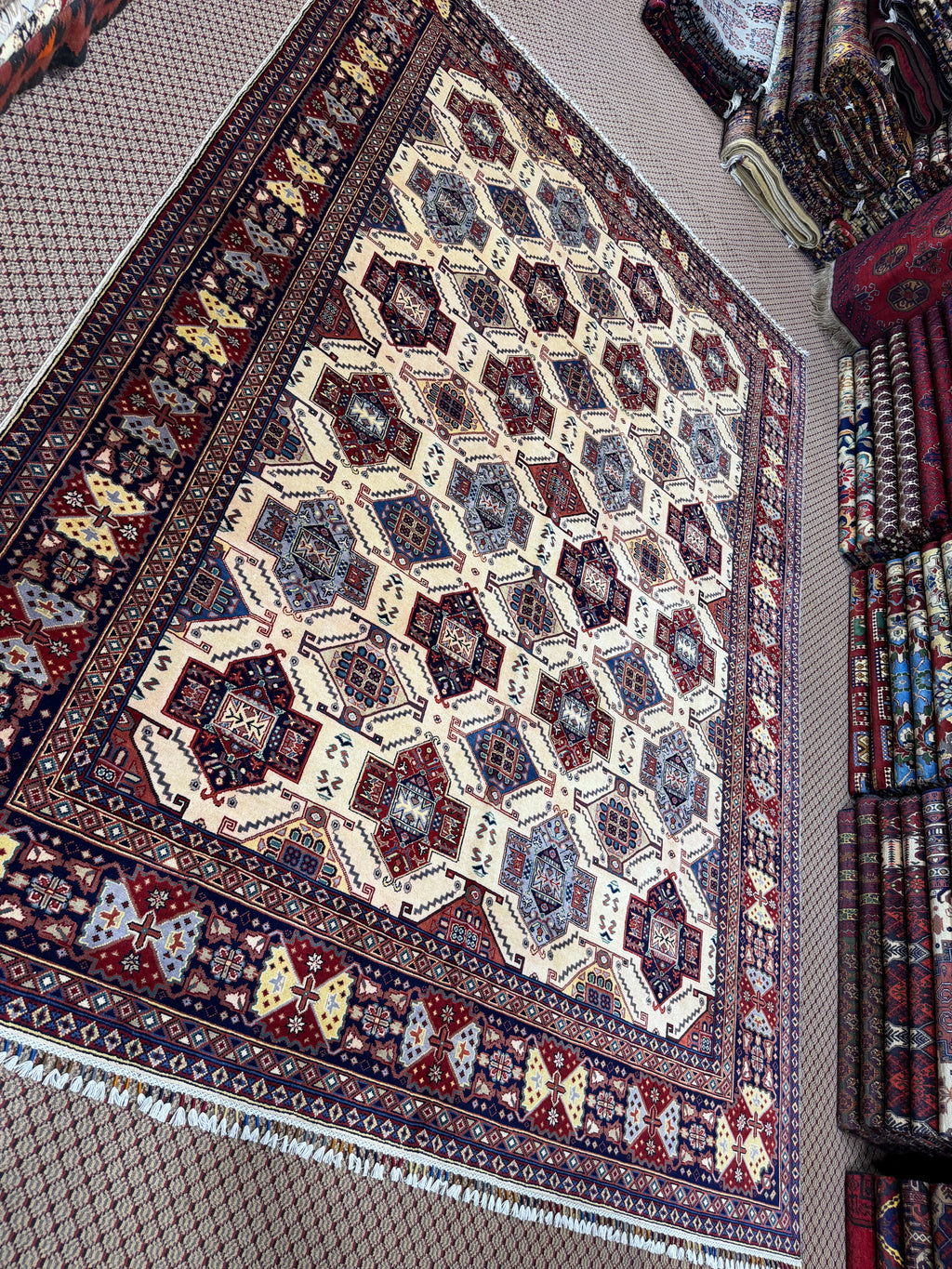 Afghan Shirvan — Ivory Field with Stepped Diamond Medallions