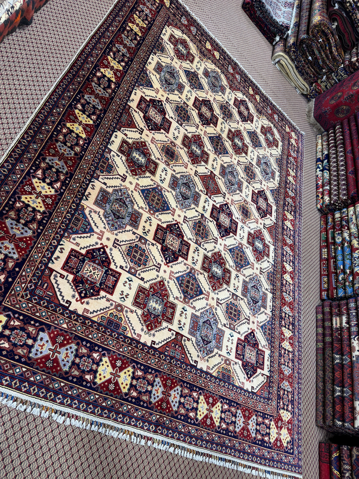 Afghan Shirvan — Ivory Field with Stepped Diamond Medallions