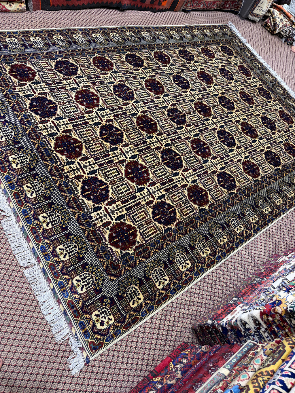 Afghan Mauri — Cream Field with Burgundy & Navy Guls