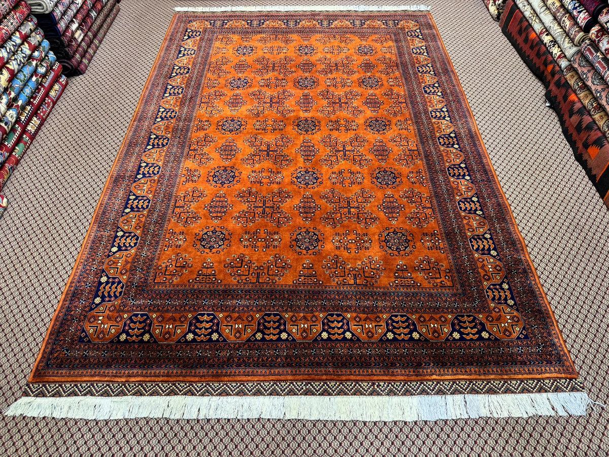 Handmade Afghan Rug — Rust & Navy Gul Medallions