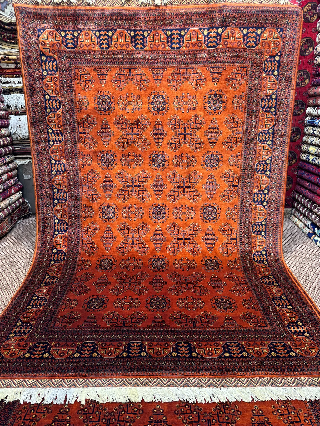Handmade Afghan Rug — Rust & Navy Gul Medallions