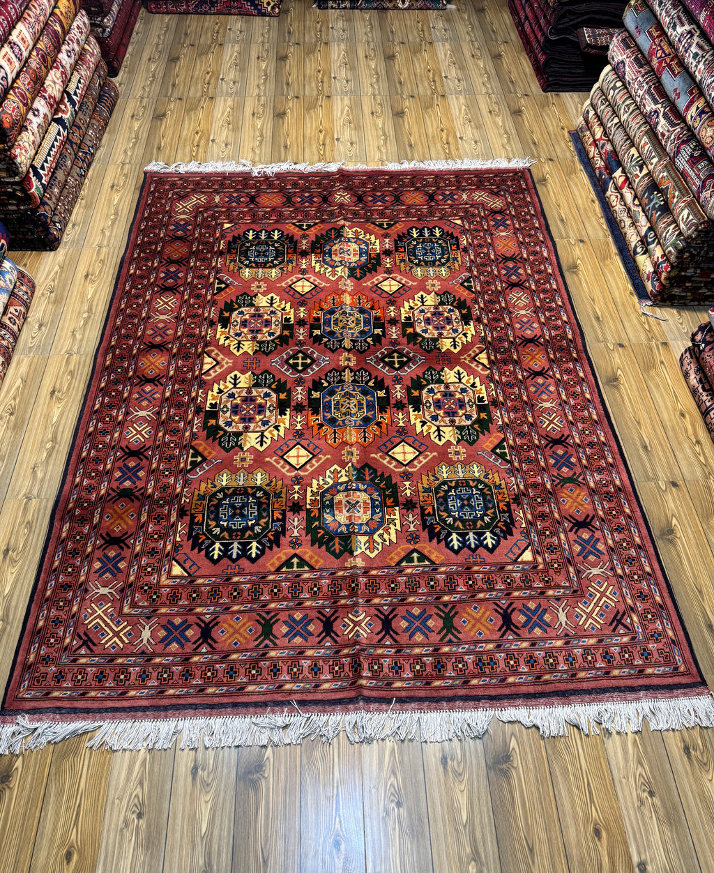 Kazak – Rust & Multi Octagon Gul Grid