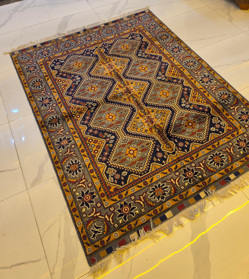 Handmade Kazak Rug – Navy & Gold Medallion, Afghan Wool 5x7 (1.5m x 2m)