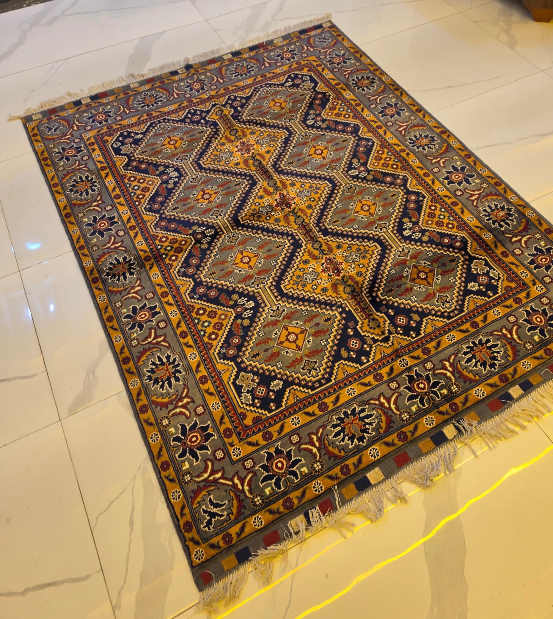 Handmade Kazak Rug – Navy & Gold Medallion, Afghan Wool 5x7 (1.5m x 2m)
