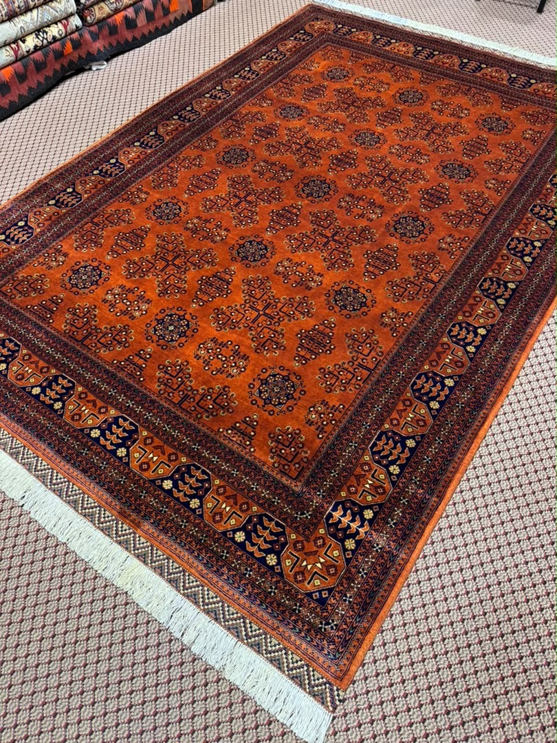 Handmade Afghan Rug — Rust & Navy Gul Medallions