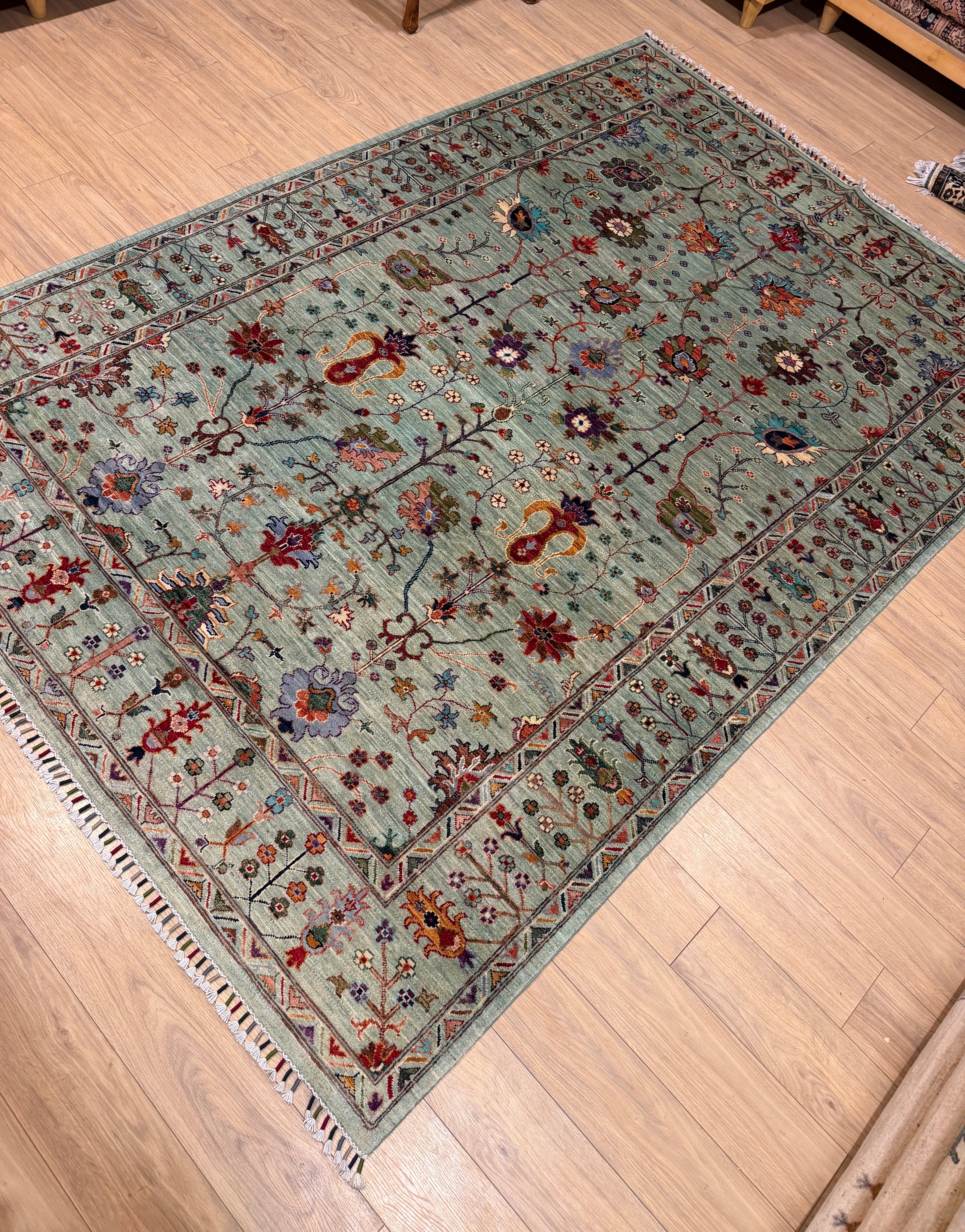 Sultanabad – Sage Green & Blue Palmette Trellis