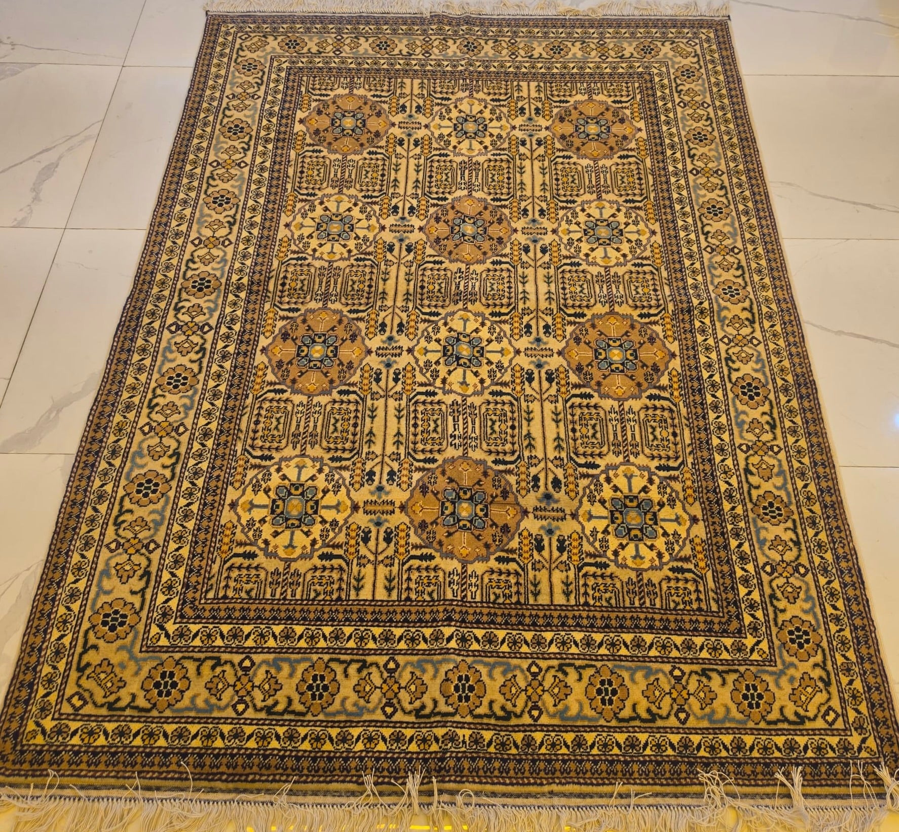 Handmade Ersari Rug – Gold & Navy Gul Medallion, Afghan Wool 5x7 (1.5m x 2m)