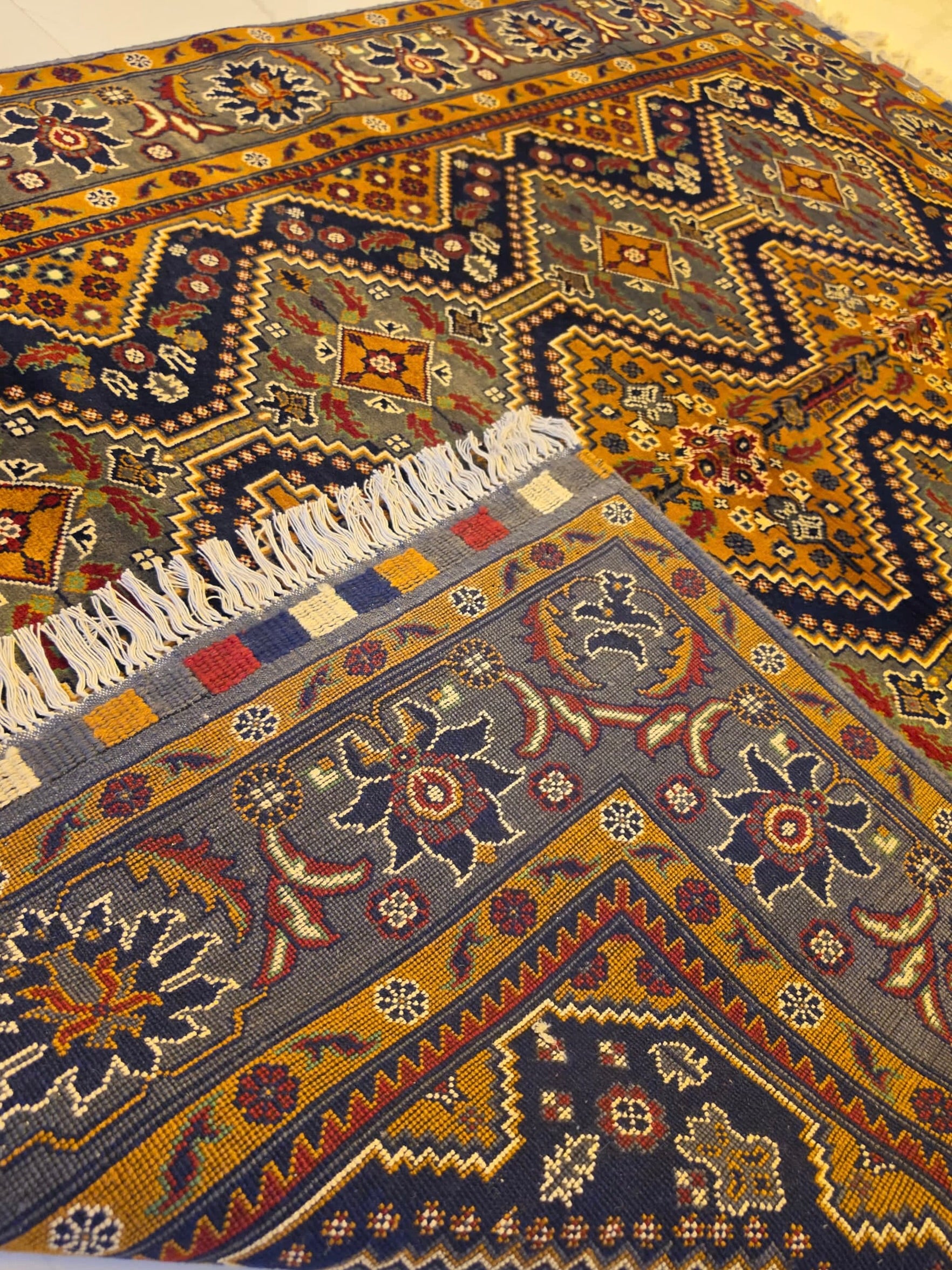 Handmade Kazak Rug – Navy & Gold Medallion, Afghan Wool 5x7 (1.5m x 2m)