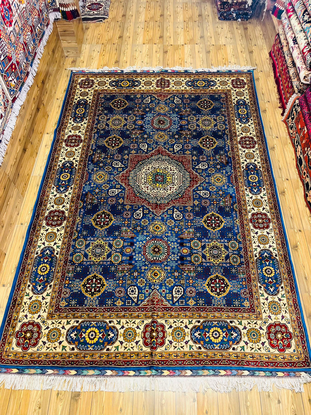 Handmade Afghan Mamluk Medallion Rug — Navy & Ivory, 7x10