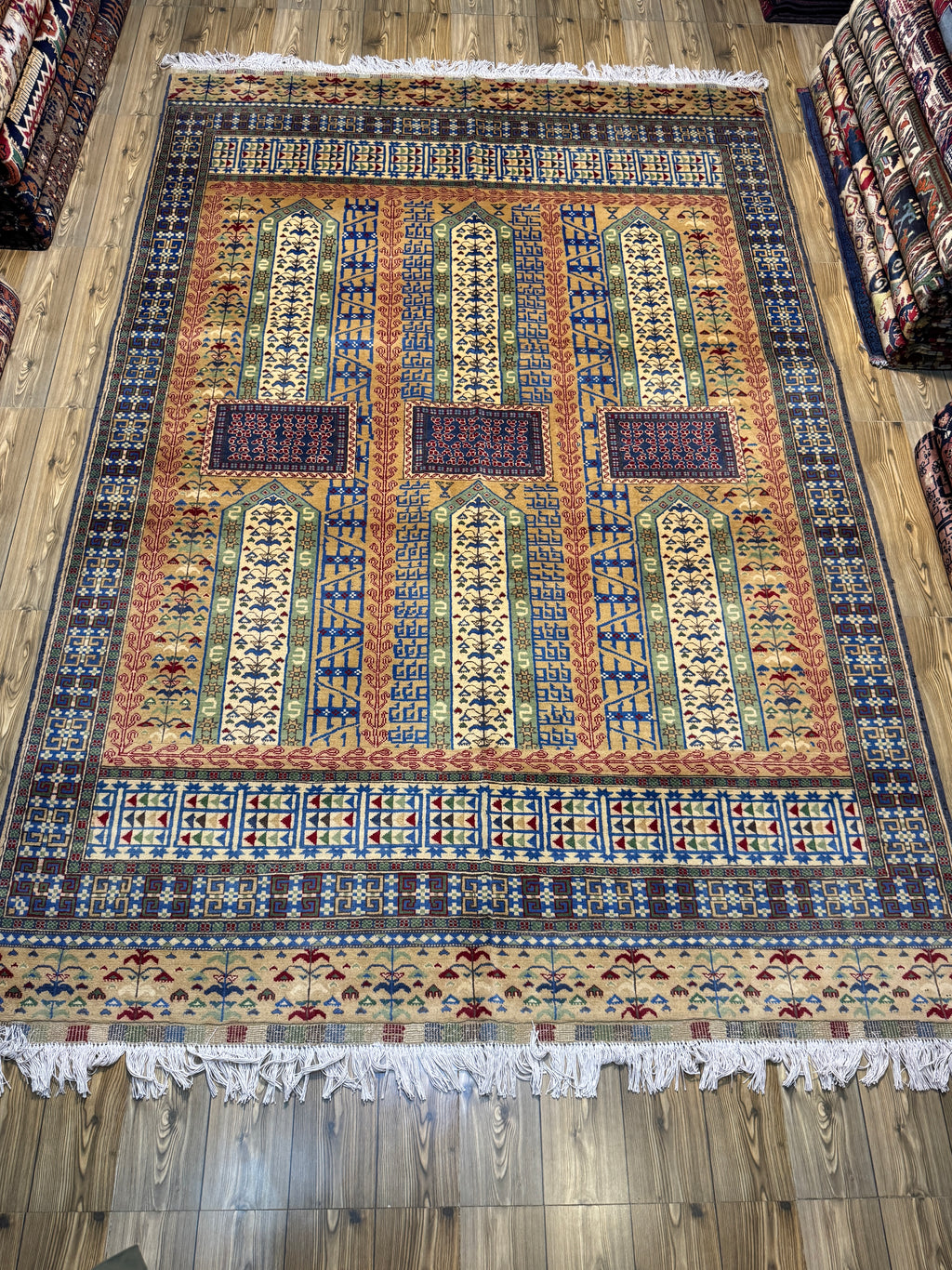 Afghan Turkoman – Gold Six-Mihrab "Saf" Prayer Design