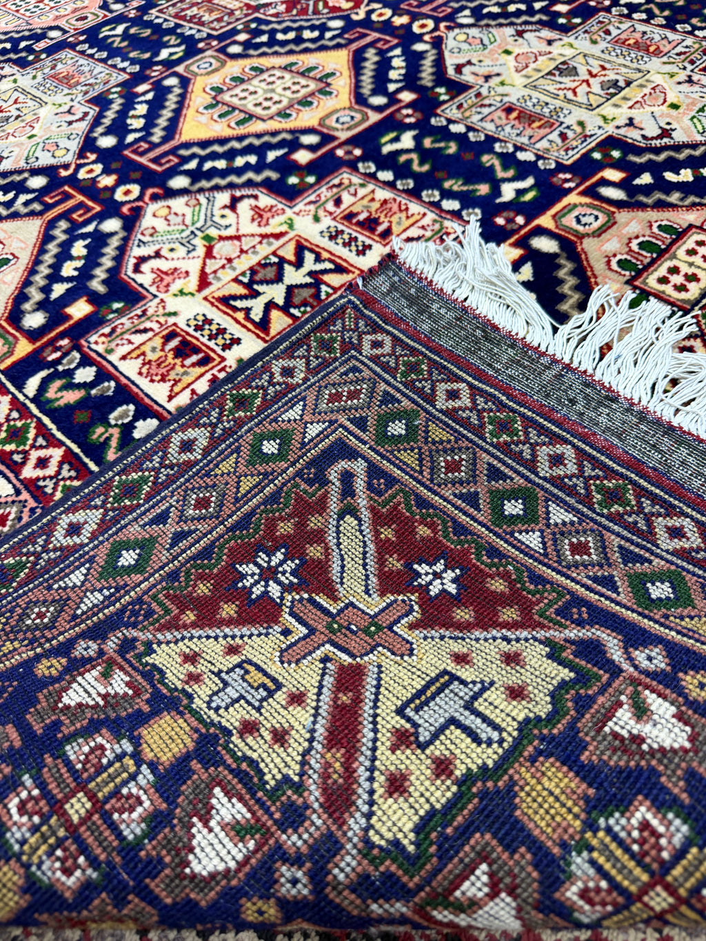 Afghan Shirvan — Navy Field with Stepped Diamond Medallions