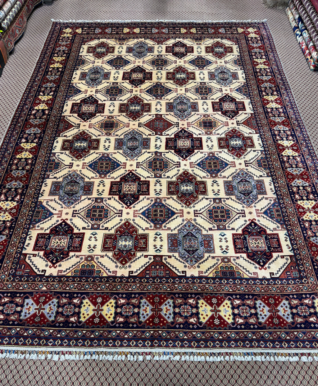 Afghan Shirvan — Ivory Field with Stepped Diamond Medallions