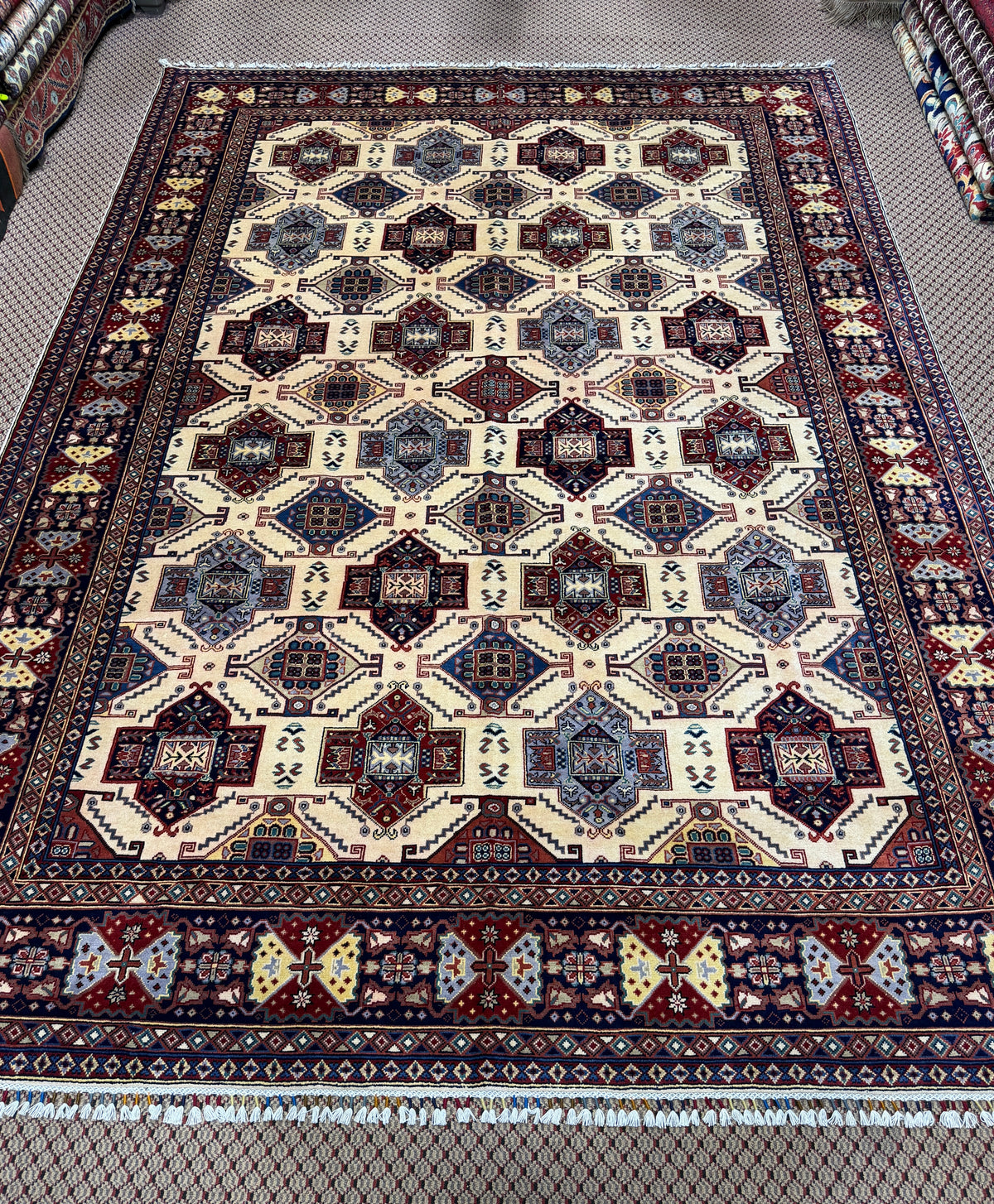 Afghan Shirvan — Ivory Field with Stepped Diamond Medallions