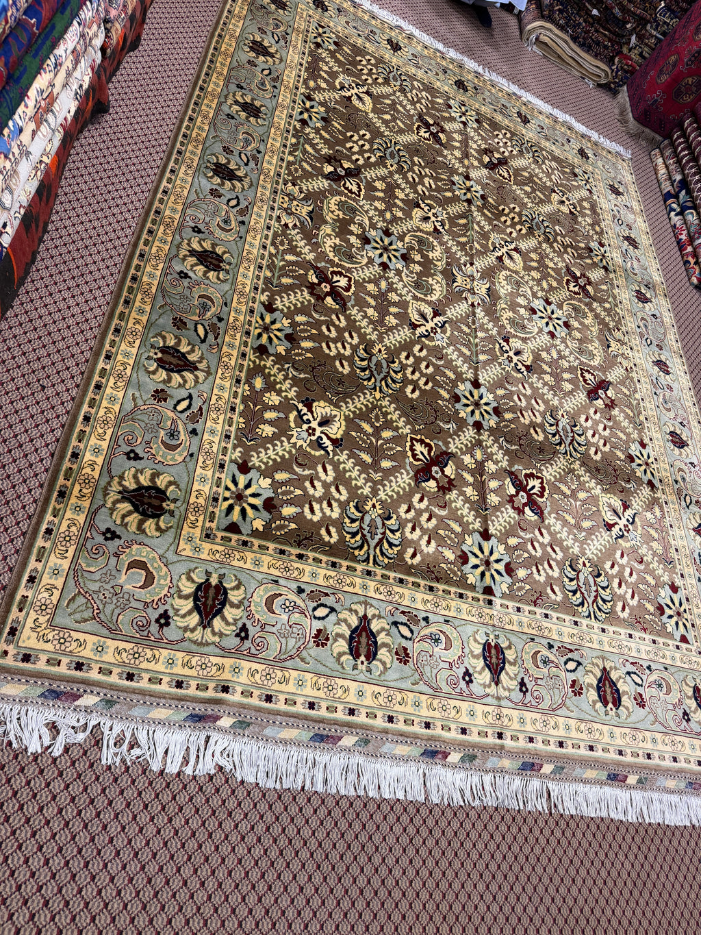 Afghan Agra — Chocolate Field with Sage Floral Border