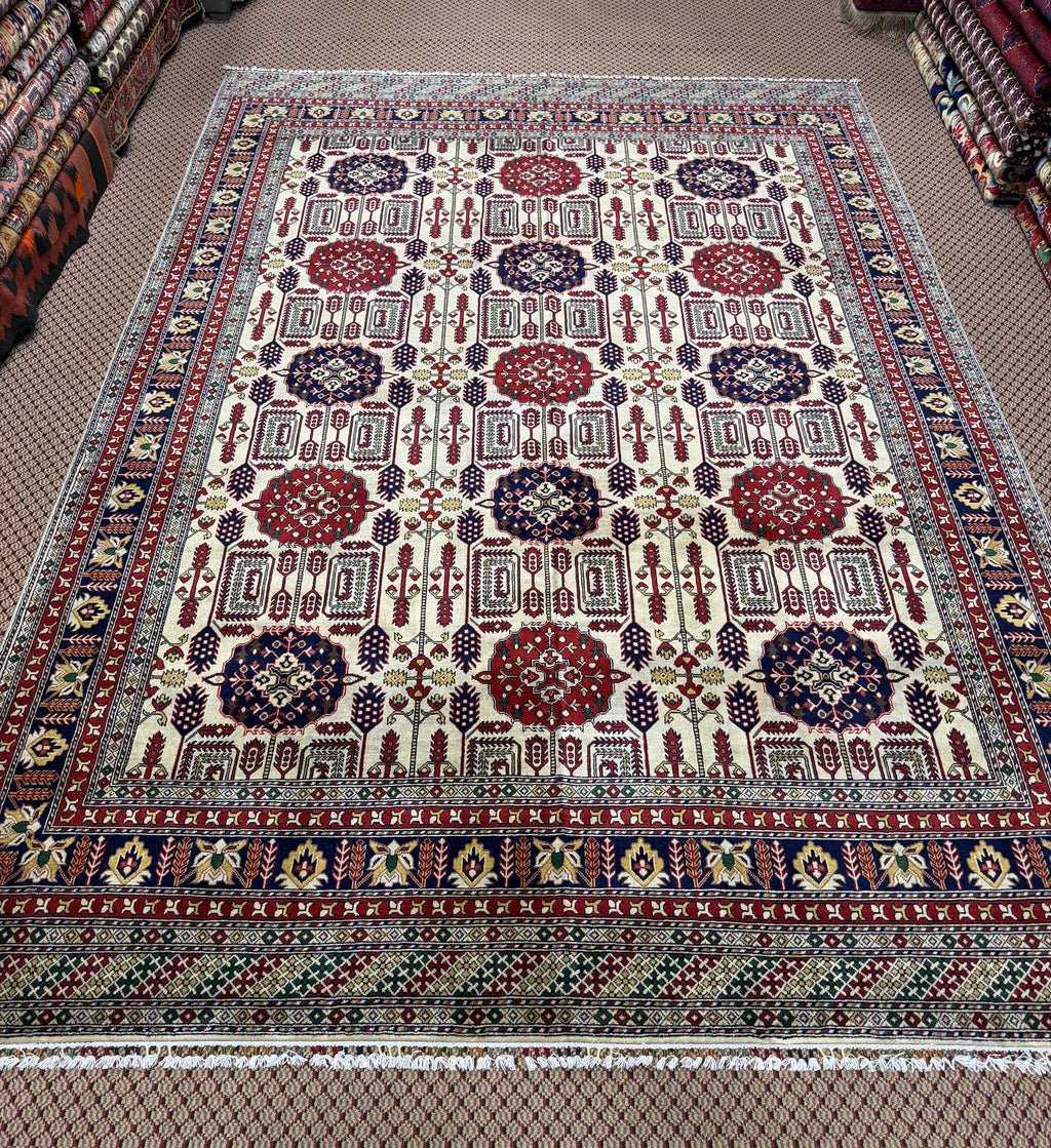 Afghan Turkoman — Ivory Field with Red & Navy Rosette Guls