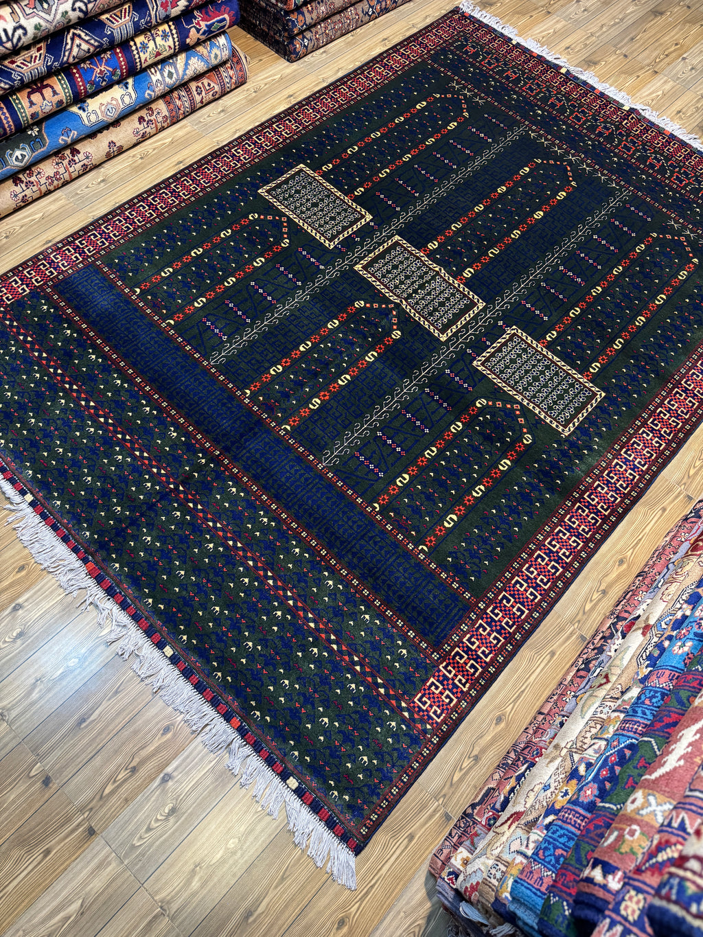 Afghan Turkoman – Forest Green Six-Mihrab "Saf" Prayer Design