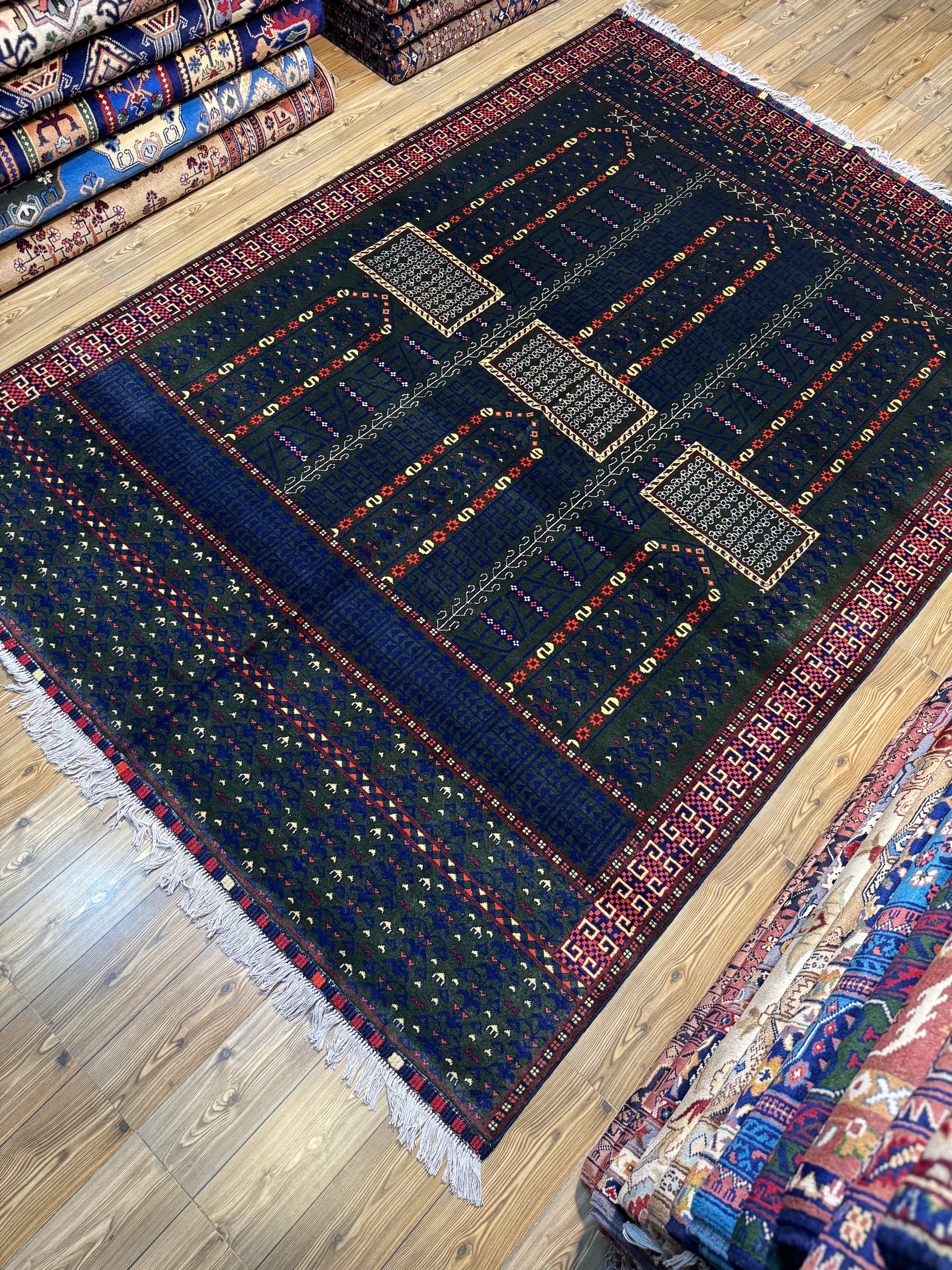 Afghan Turkoman – Forest Green Six-Mihrab "Saf" Prayer Design