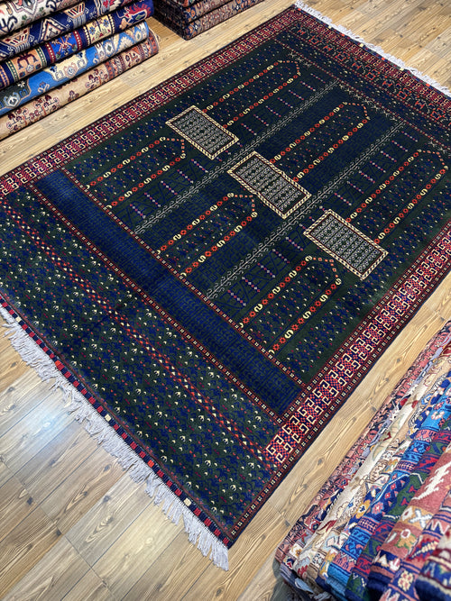 Afghan Turkoman – Forest Green Six-Mihrab "Saf" Prayer Design