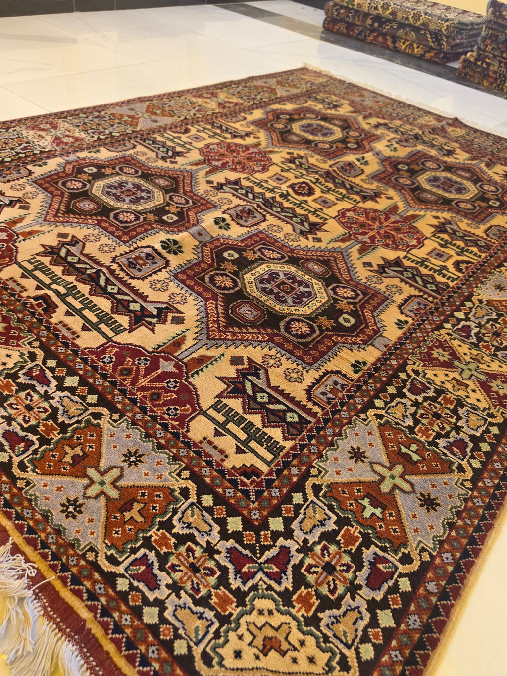 Handmade Mamluk-Revival Rug – Royal Blue & Ivory Star Medallion detail