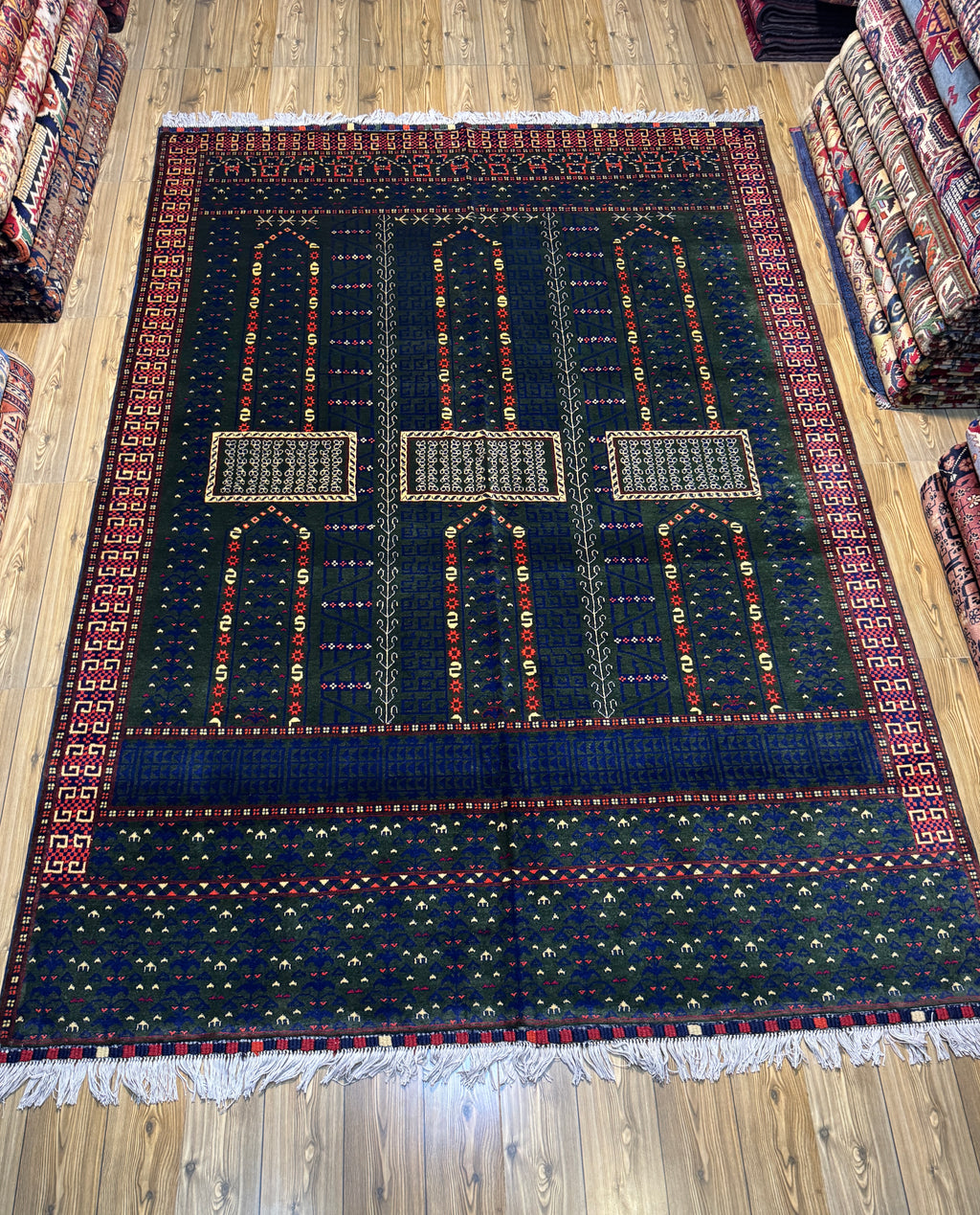 Afghan Turkoman – Forest Green Six-Mihrab "Saf" Prayer Design