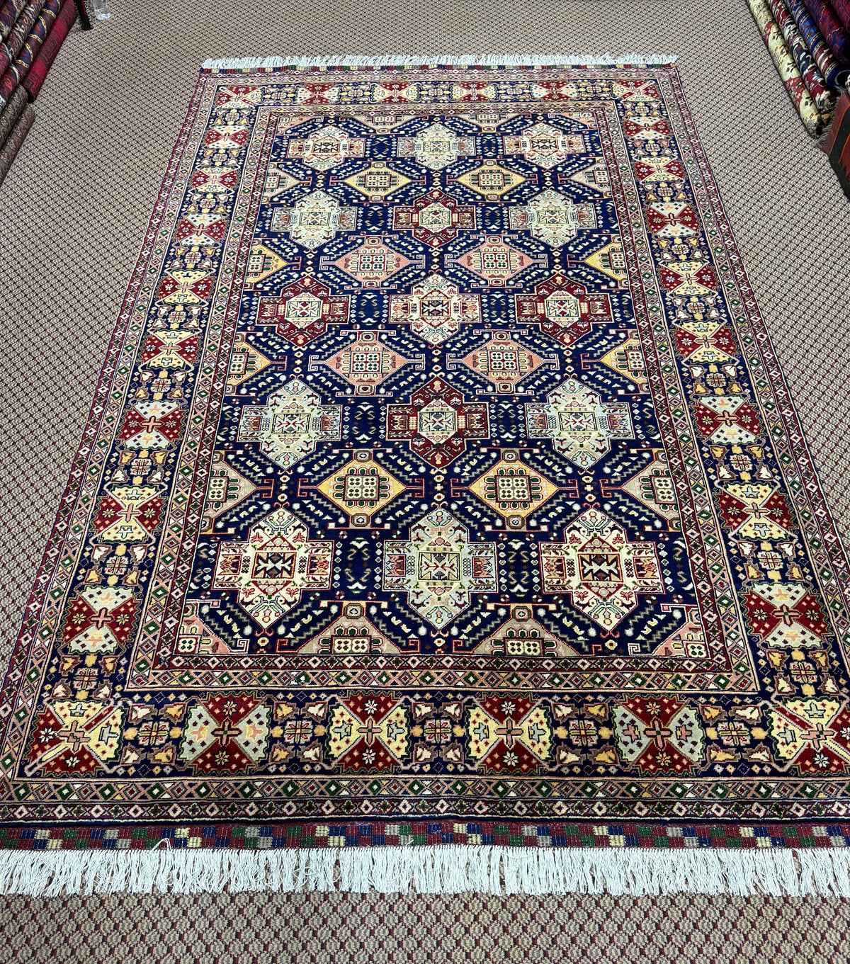 Afghan Shirvan — Navy Field with Stepped Diamond Medallions