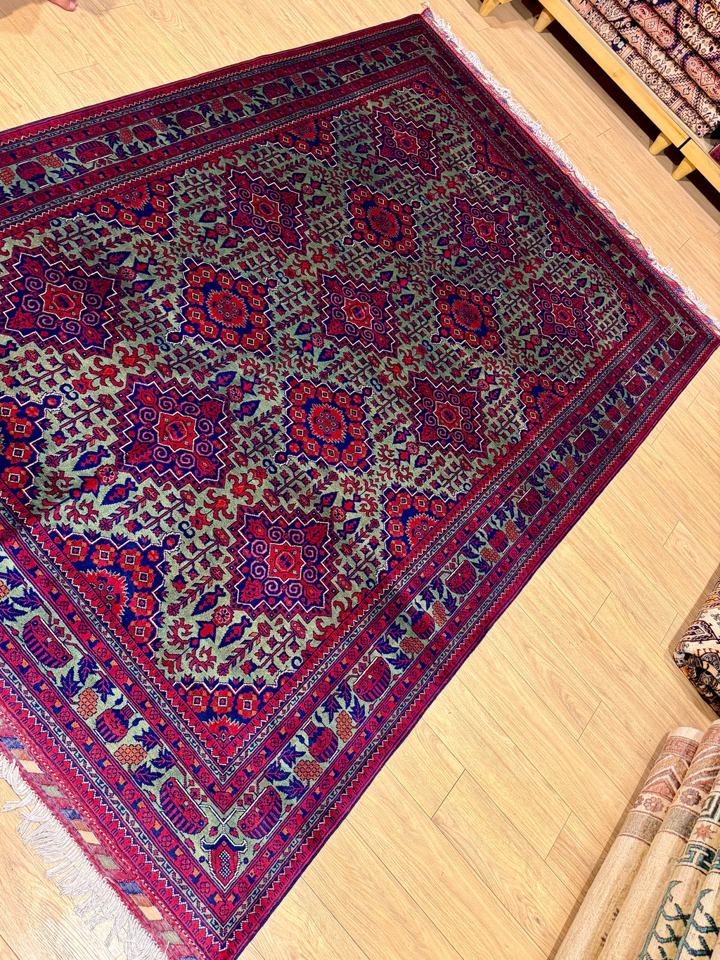 Bidjar – Sage Green & Crimson Star Lattice