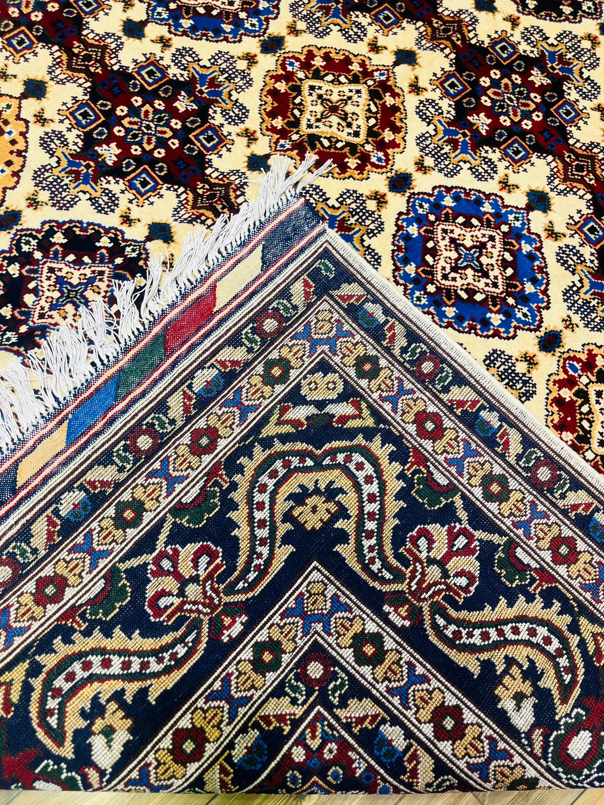 Handmade Afghan Abrisham Rug — Ivory & Navy Diamond Lattice