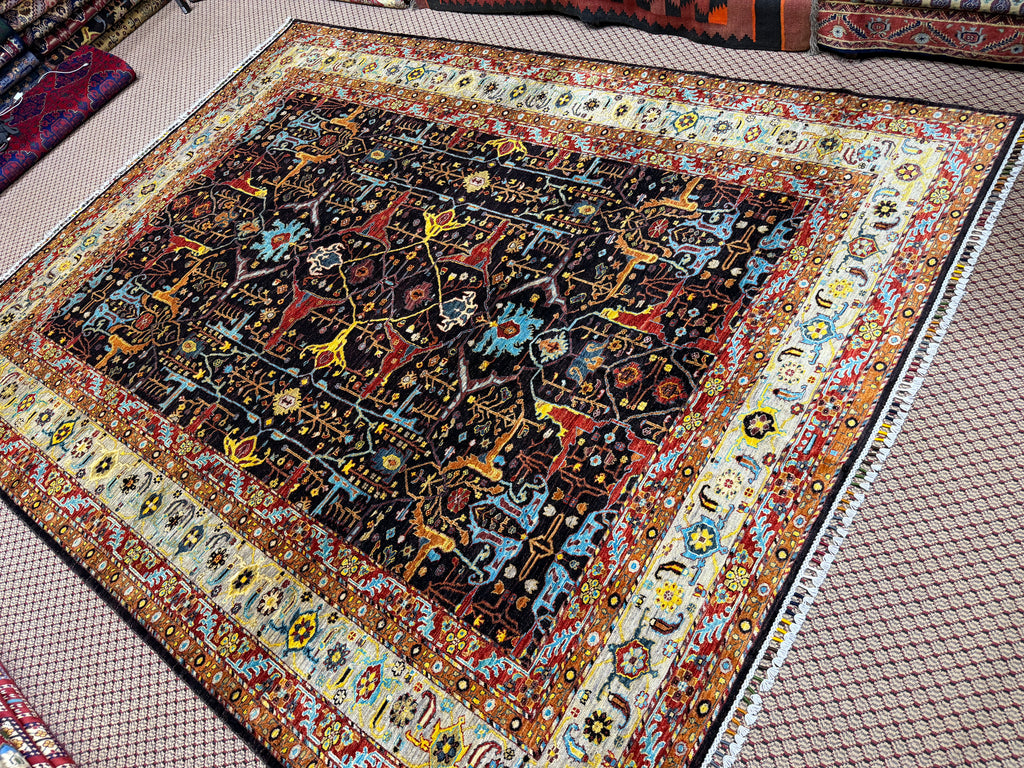 Afghan Bidjar — Charcoal Field with Ivory Palmette Border
