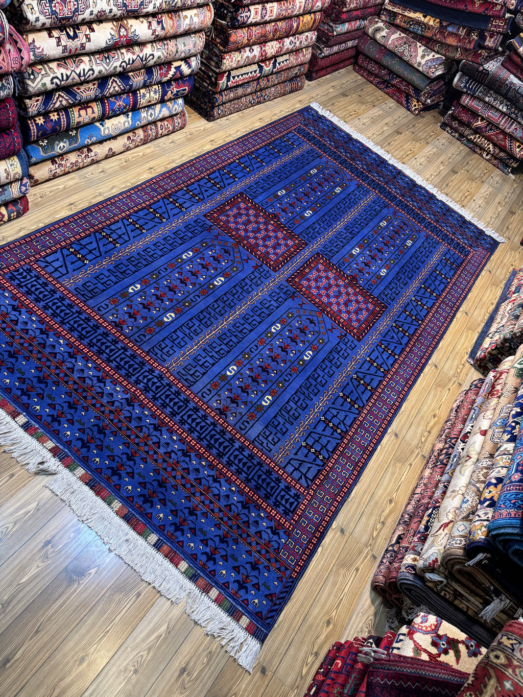 Afghan Turkoman – Royal Blue Four-Mihrab Prayer Design