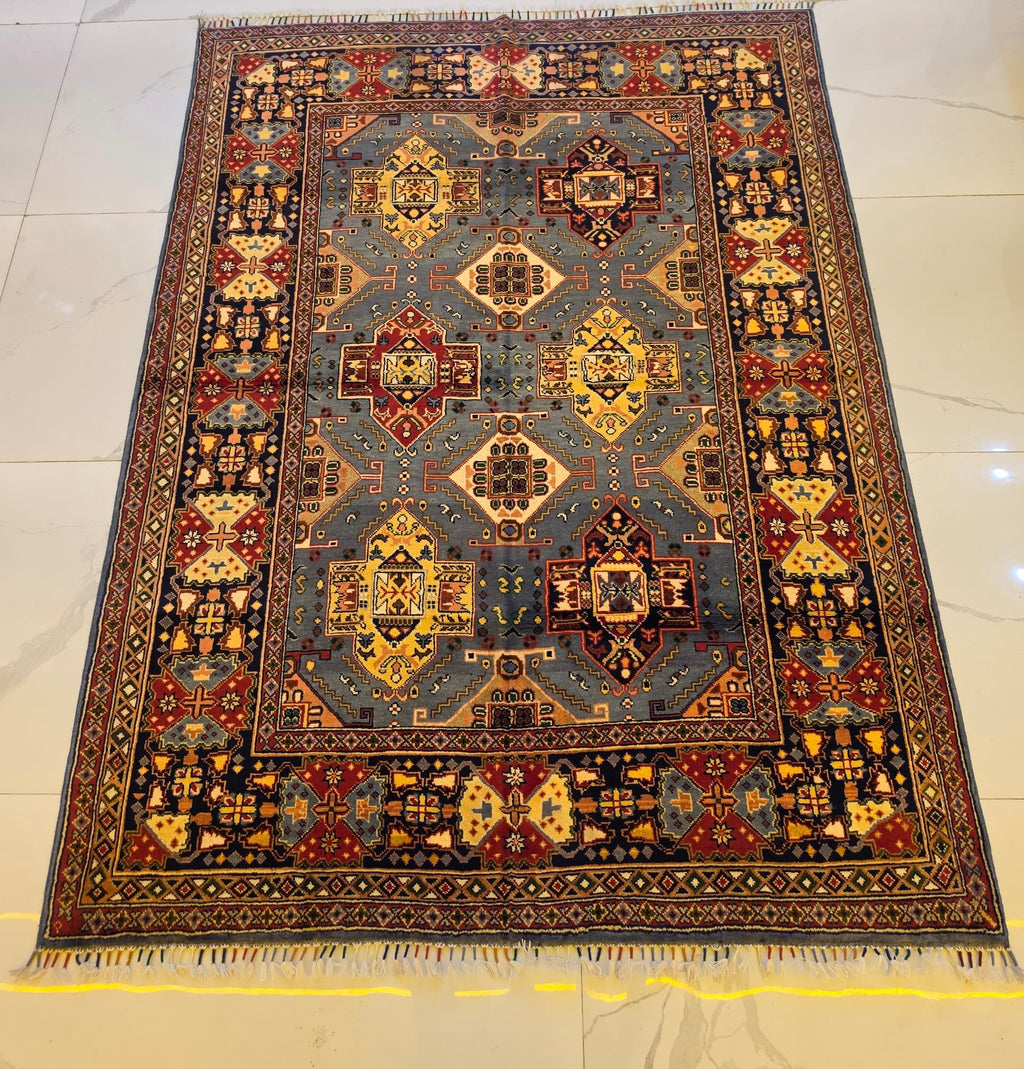 Handmade Shirvan Rug – Steel Blue & Gold Cross Medallion, Afghan Wool 5x7 (1.5m x 2m)