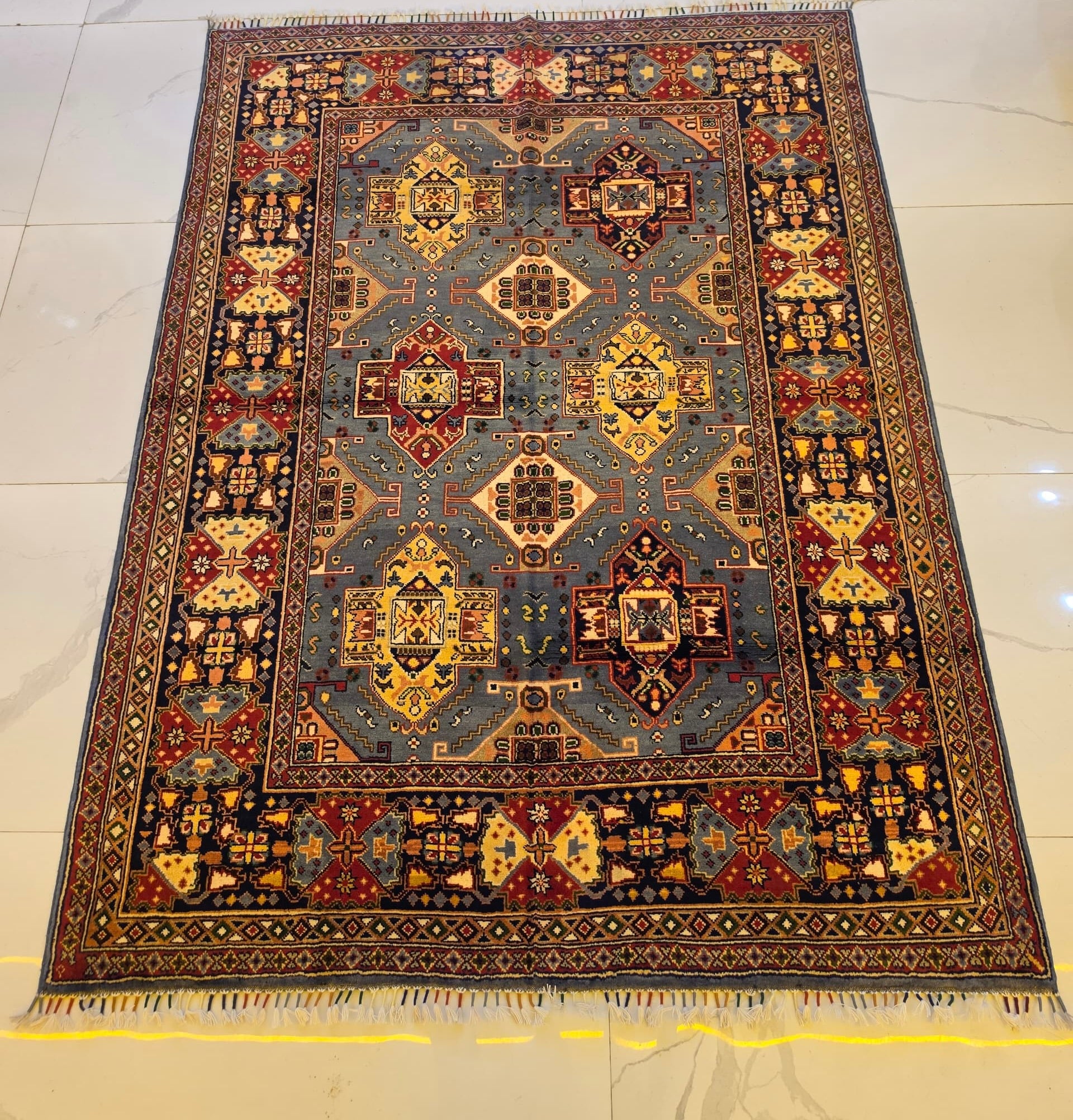 Handmade Shirvan Rug – Steel Blue & Gold Cross Medallion, Afghan Wool 5x7 (1.5m x 2m)