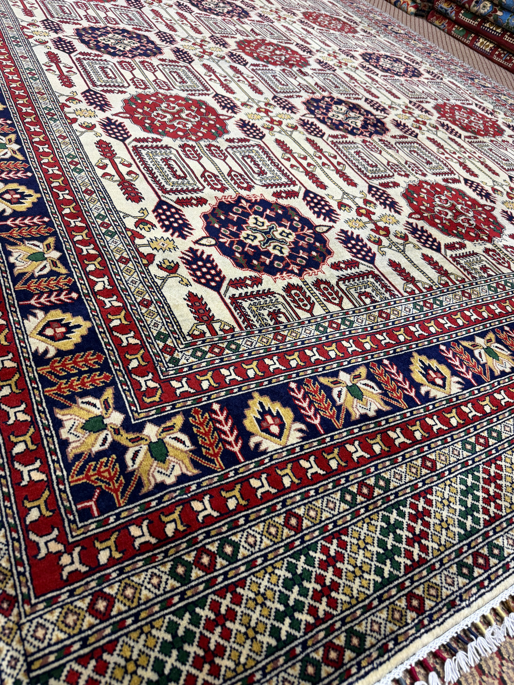 Afghan Turkoman — Ivory Field with Red & Navy Rosette Guls