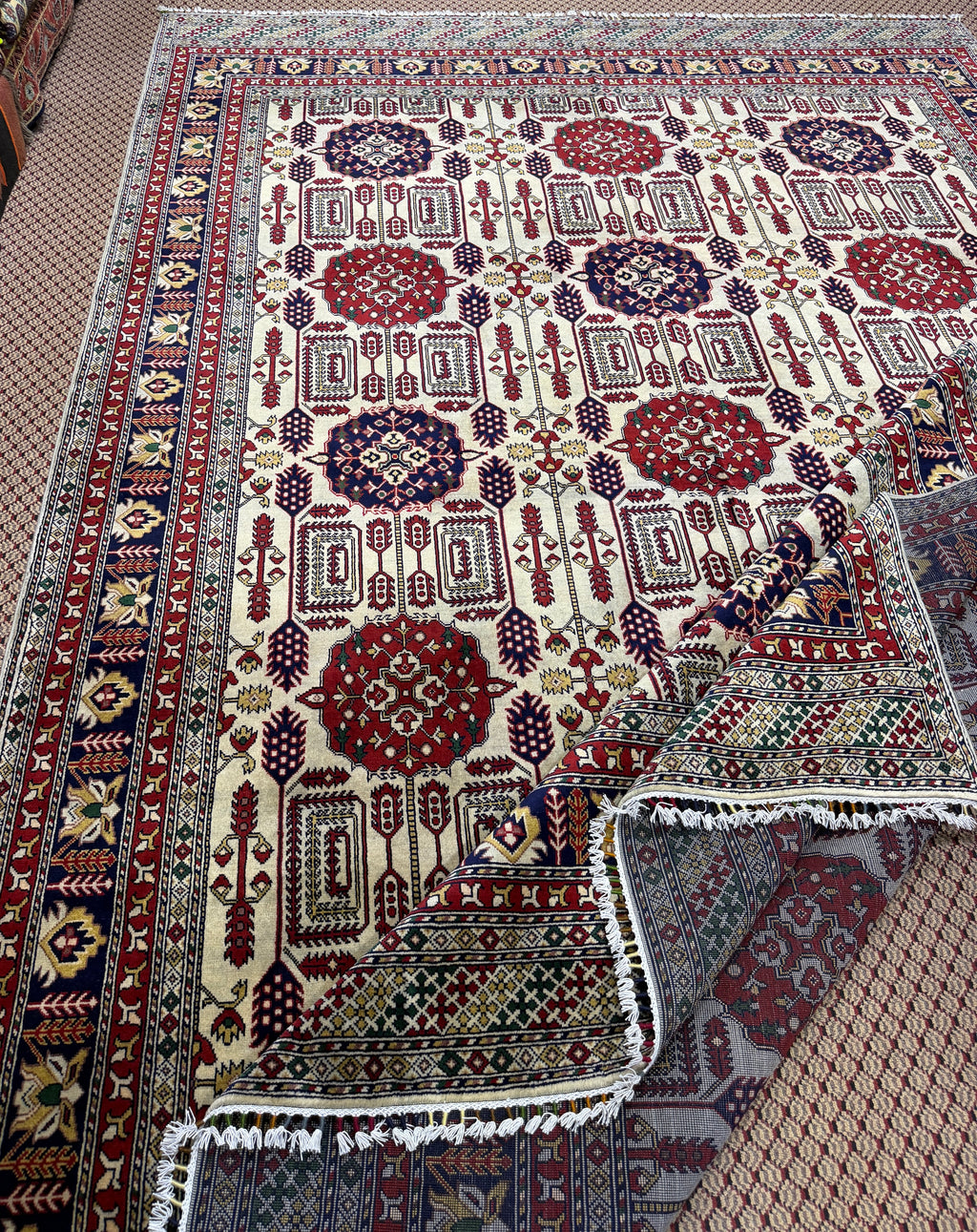 Afghan Turkoman — Ivory Field with Red & Navy Rosette Guls