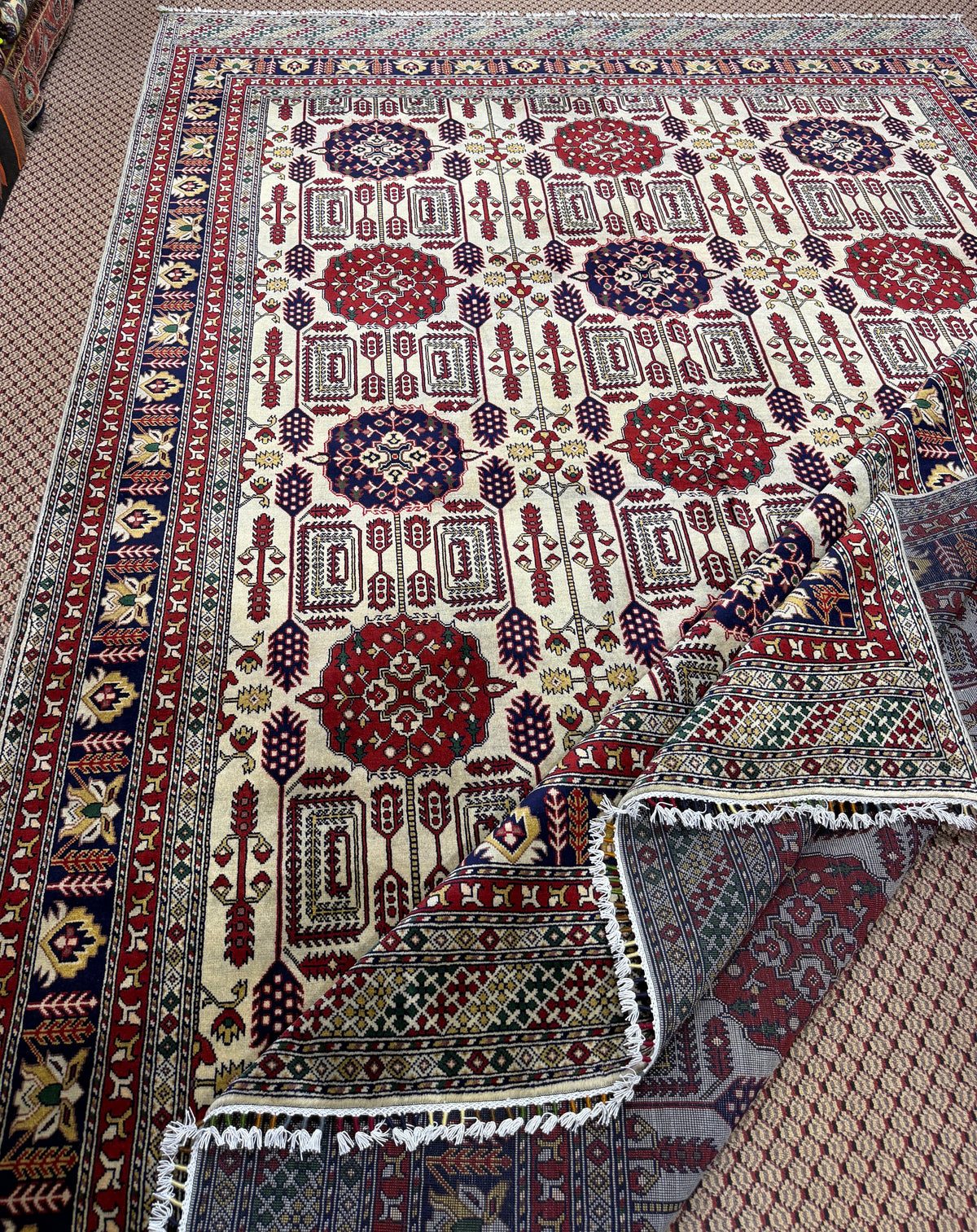 Afghan Turkoman — Ivory Field with Red & Navy Rosette Guls
