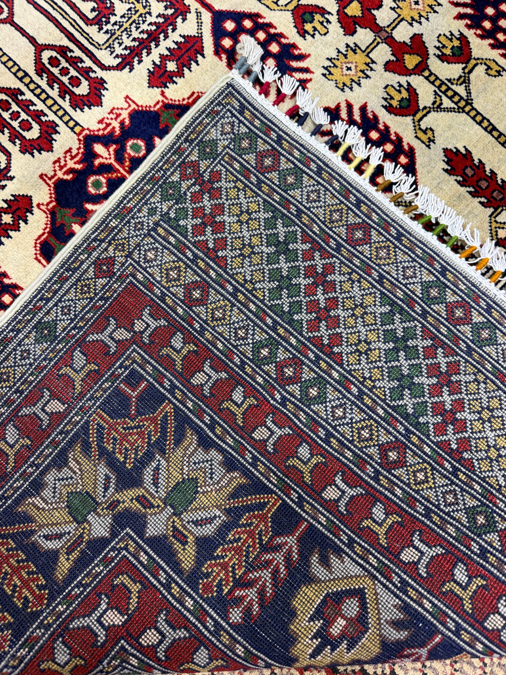 Afghan Turkoman — Ivory Field with Red & Navy Rosette Guls