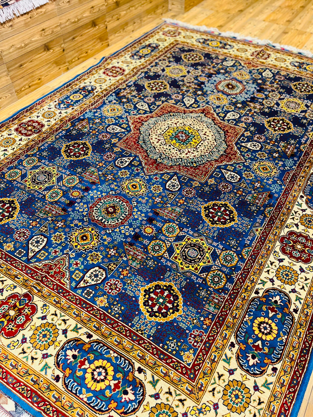 Handmade Afghan Mamluk Medallion Rug — Navy & Ivory, 7x10