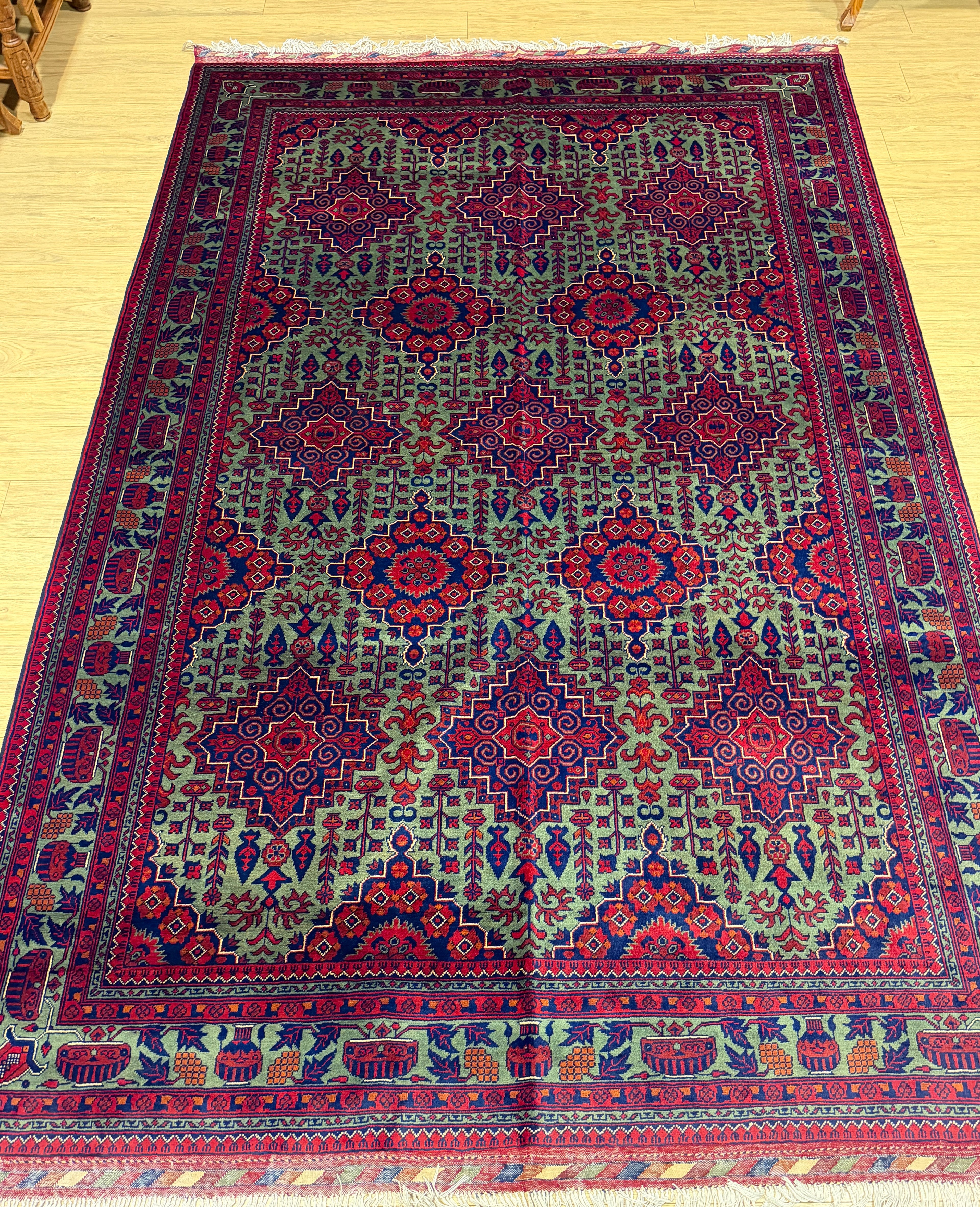 Bidjar – Sage Green & Crimson Star Lattice