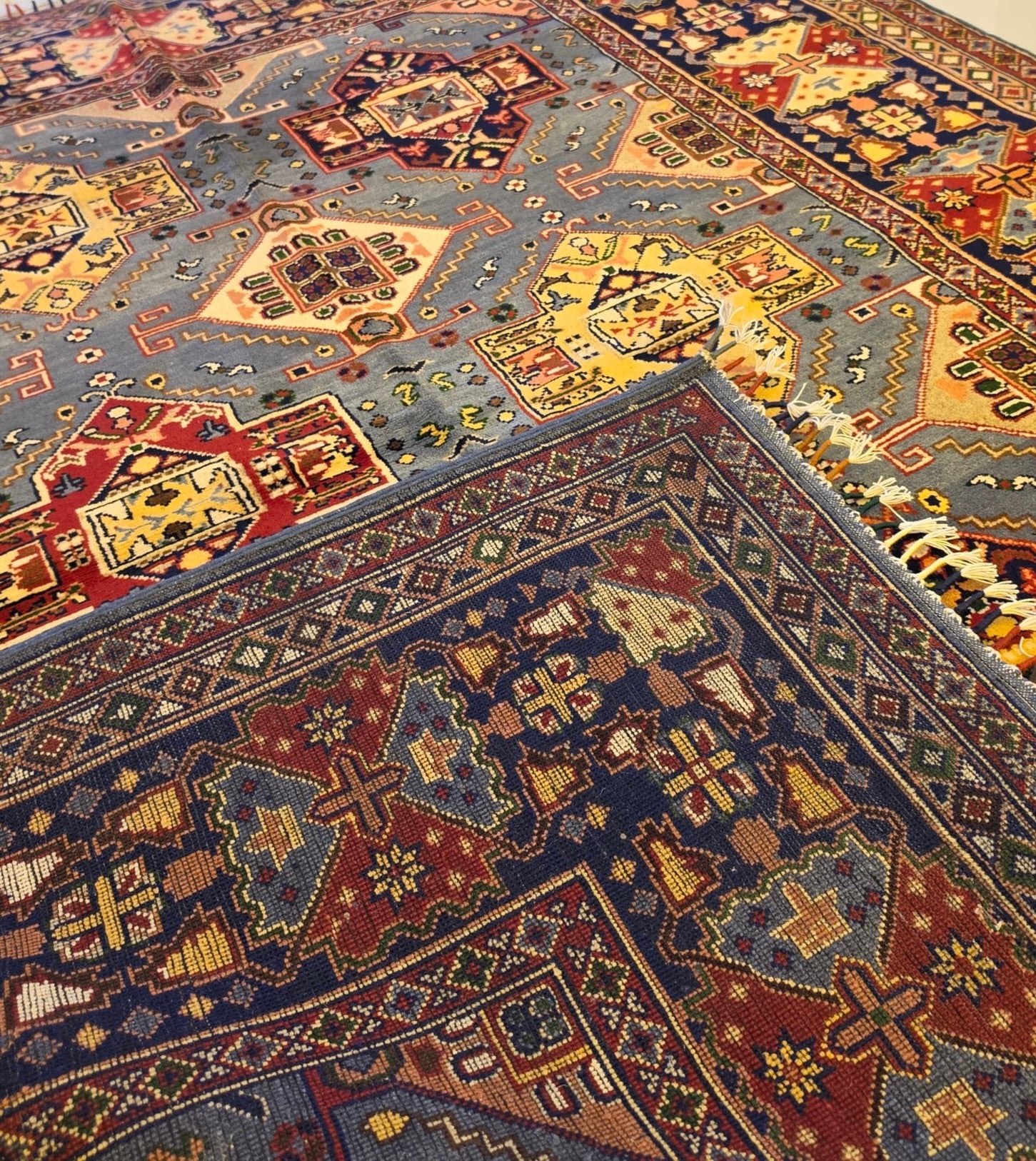 Handmade Shirvan Rug – Steel Blue & Gold Cross Medallion, Afghan Wool 5x7 (1.5m x 2m)