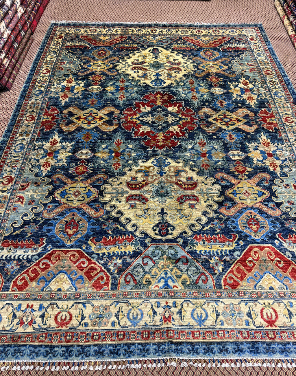 Afghan Shirvan — Indigo Field with Ivory Palmette Medallions