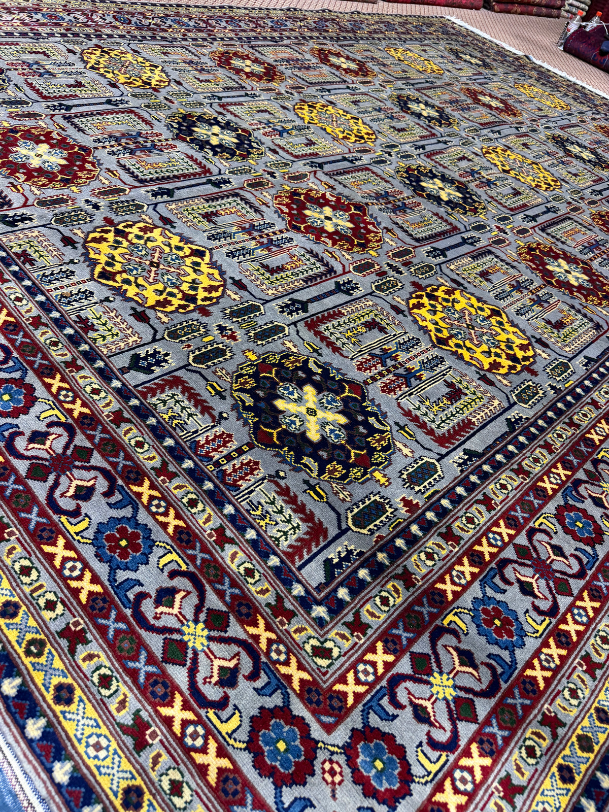 Afghan Mauri — Grey Field with Yellow, Burgundy & Navy Guls