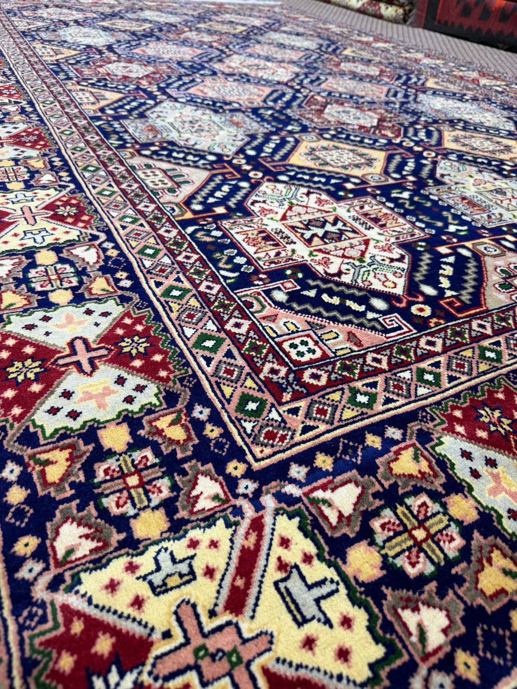 Afghan Shirvan — Navy Field with Stepped Diamond Medallions
