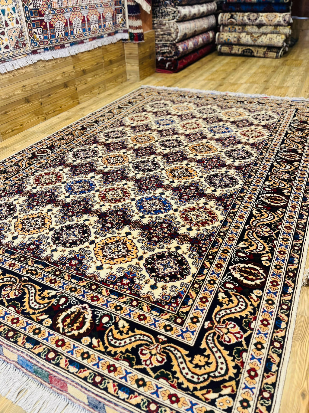 Handmade Afghan Abrisham Rug — Ivory & Navy Diamond Lattice