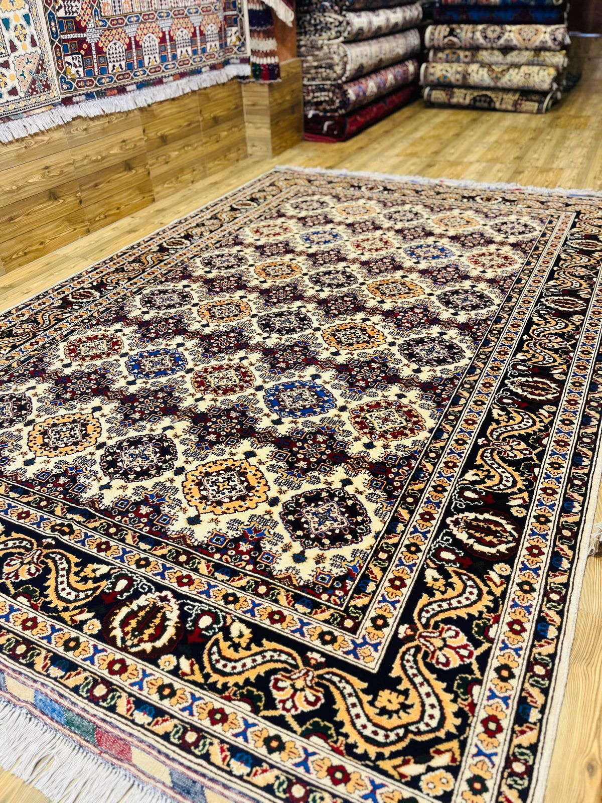 Handmade Afghan Abrisham Rug — Ivory & Navy Diamond Lattice