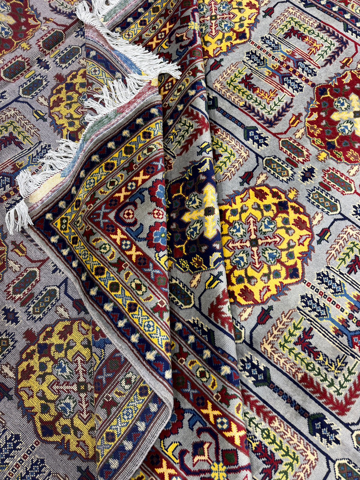 Afghan Mauri — Grey Field with Yellow, Burgundy & Navy Guls