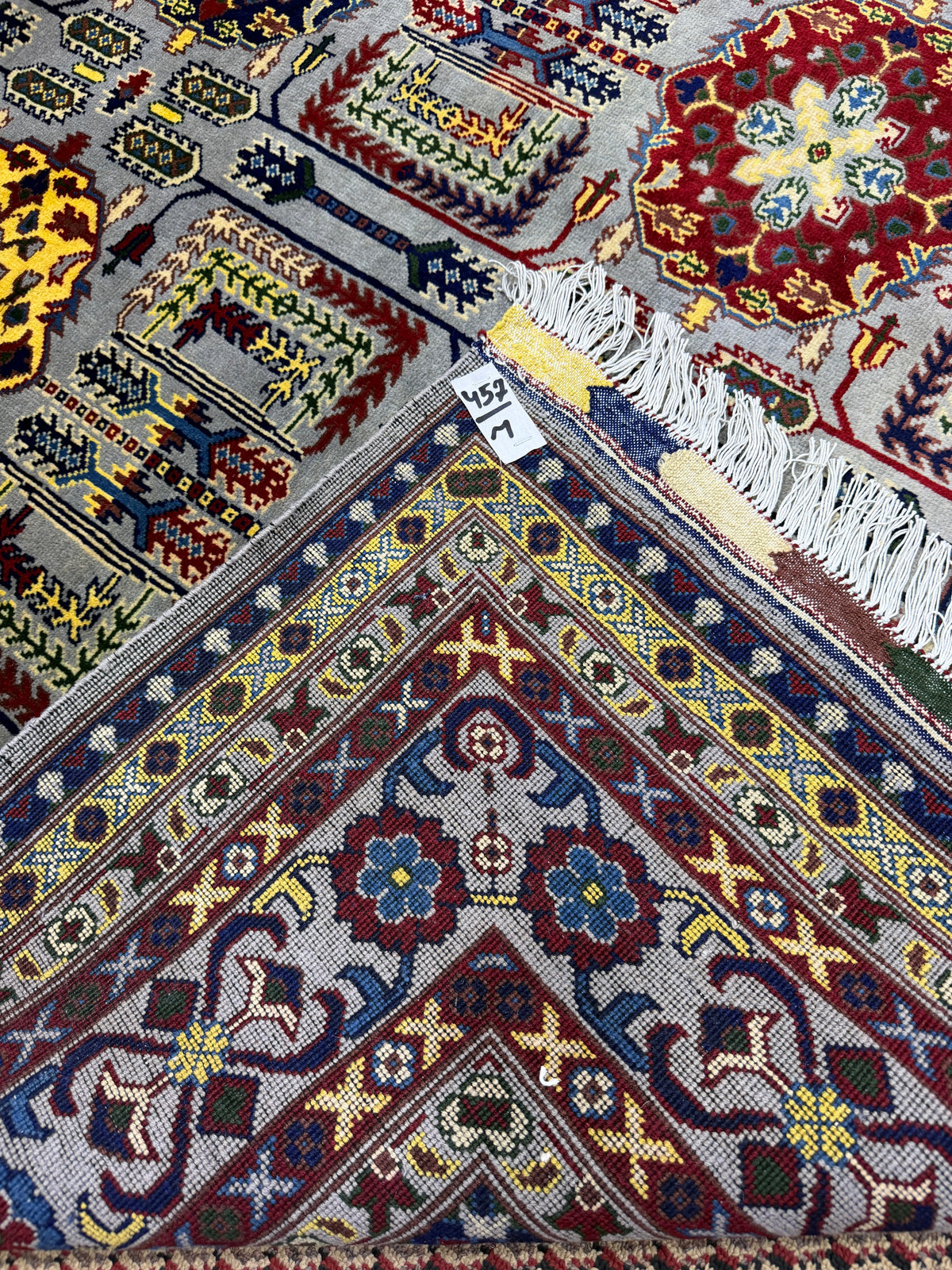 Afghan Mauri — Grey Field with Yellow, Burgundy & Navy Guls