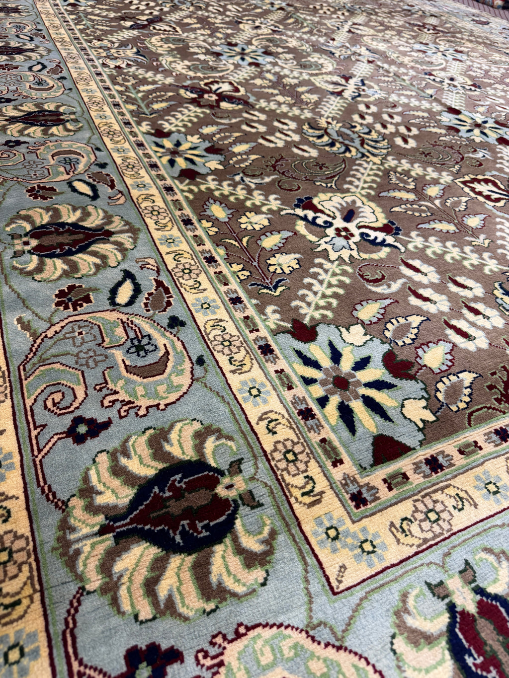 Afghan Agra — Chocolate Field with Sage Floral Border