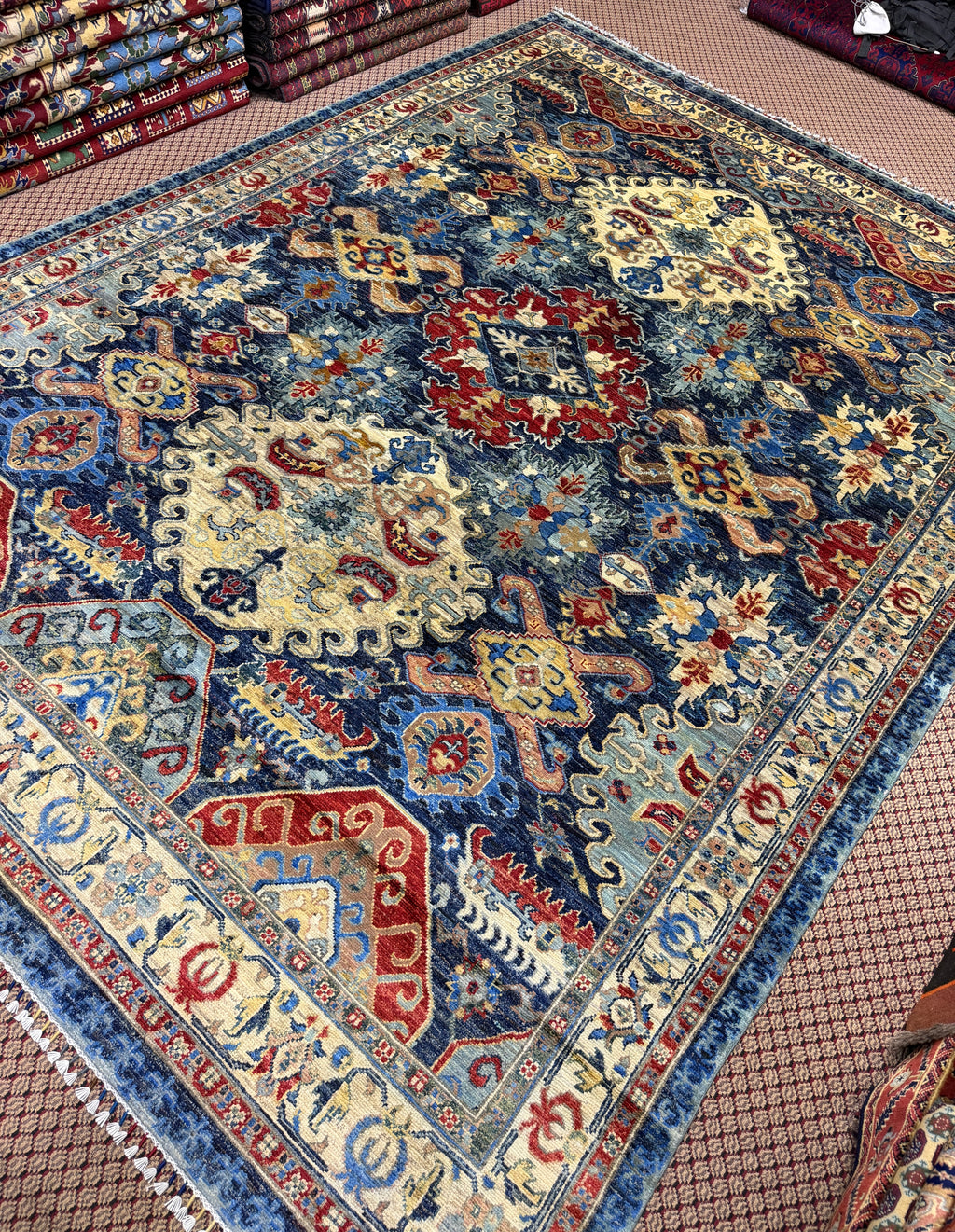 Afghan Shirvan — Indigo Field with Ivory Palmette Medallions