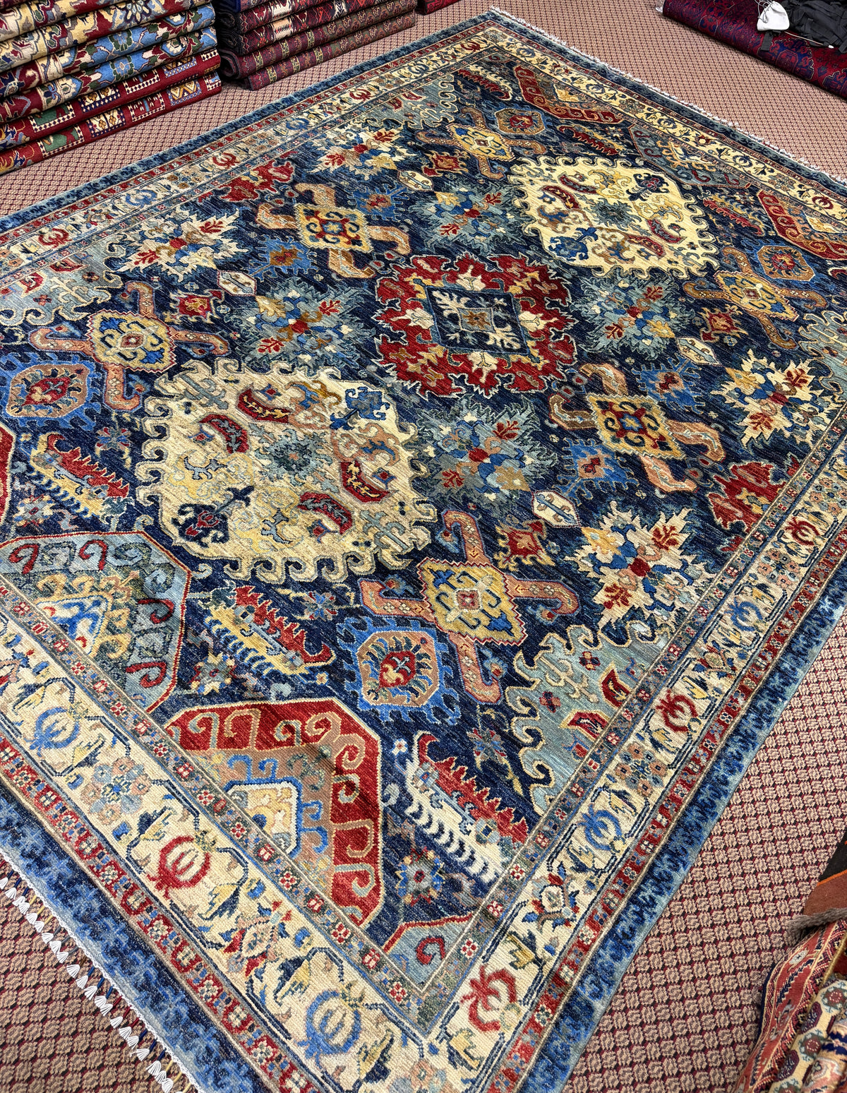 Afghan Shirvan — Indigo Field with Ivory Palmette Medallions