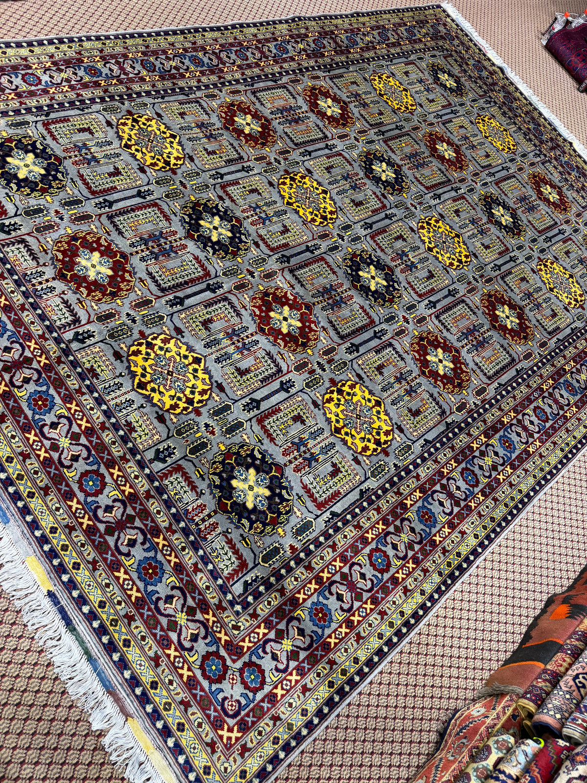 Afghan Mauri — Grey Field with Yellow, Burgundy & Navy Guls